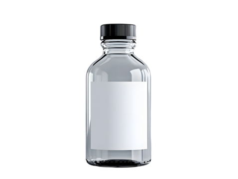 A transparent glass bottle with a black cap, featuring a blank white label for customizable branding or product displays.