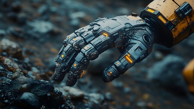 Futuristic mechanical hand and arm resting on a rocky terrain. Intricate design with orange lights, offering a stark contrast against the natural environment. Astronomy and Galaxy backgrounds.