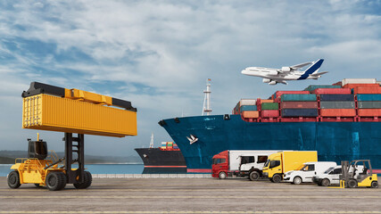 Global cargo delivery with container ship airplane and transport vehicles..