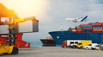 Global cargo delivery with container ship airplane and transport vehicles..