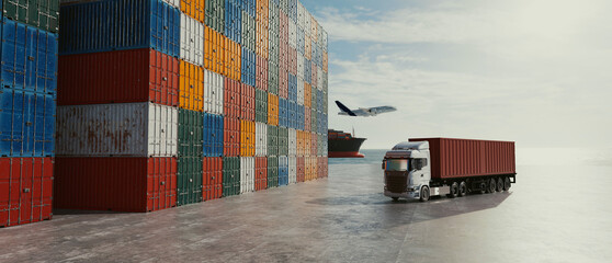 Side view of cargo containers stacked at seaport with ship and truck..