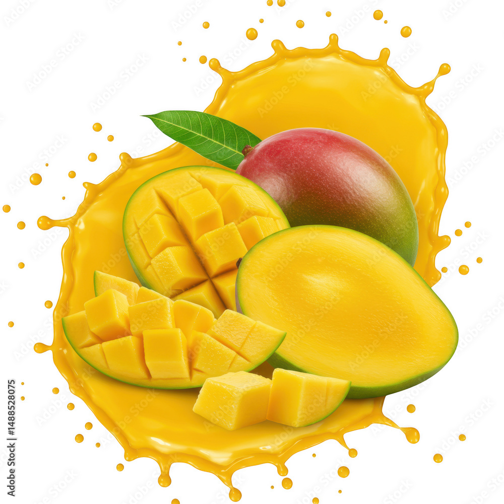 Poster fresh mango slices and juice splash isolated on transparent background