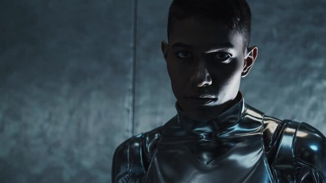 Personnage en combinaison argent&eacute;e futuriste avec regard sombre, ambiance de science-fiction intense

