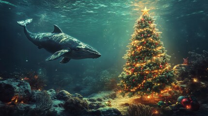 Underwater Christmas scene with whale and decorated tree.
