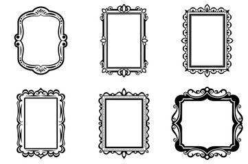 Collection of six ornate black and white vector frames for design projects