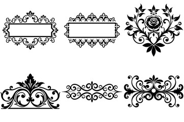 Naklejka premium Collection of ornamental design elements including frames, floral arrangements, and border silhouettes designs