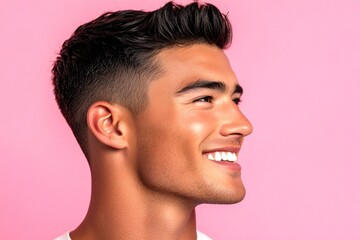 Obraz premium Pink solid background. Concept art of style for aging men. Modish men's textured crop haircut - midlife white man with black hair. A graceful mature man with a modern hairstyle.