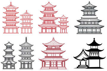 Collection of Japanese Pagodas and Buddhist Temples in Various Styles