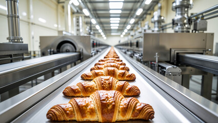 Rows of freshly baked croissants moving along a conveyor belt in a bright factory setting.