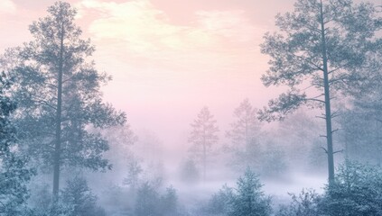 Misty Winter Pine Forest Sunrise.