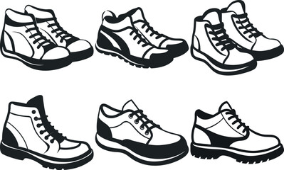Collection of Black and White Sneaker and Boot Illustrations in Various Styles