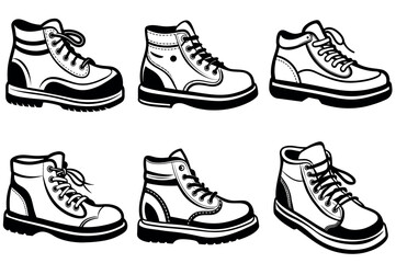 Six Variations of Black and White Lace Up Boot Vector silhouettes Illustration