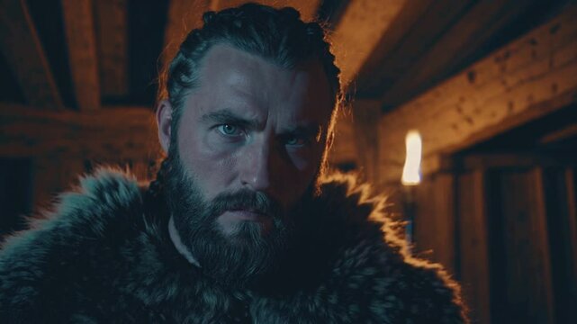 Guerrier viking barbu en fourrure dans une maison en bois, ambiance historique sombre et intense

