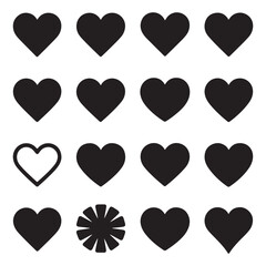 Black and white heart shapes in various designs, perfect for romantic, love, or decorative-themed illustrations.