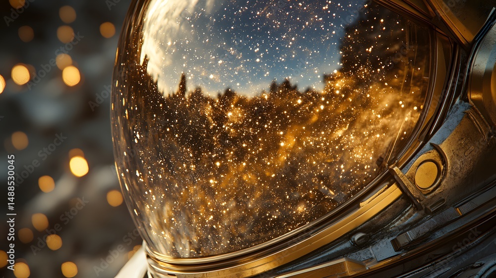 Aufkleber gaze into the cosmos reflected on a spacesuit helmet. the starry sky and golden haze create an ether