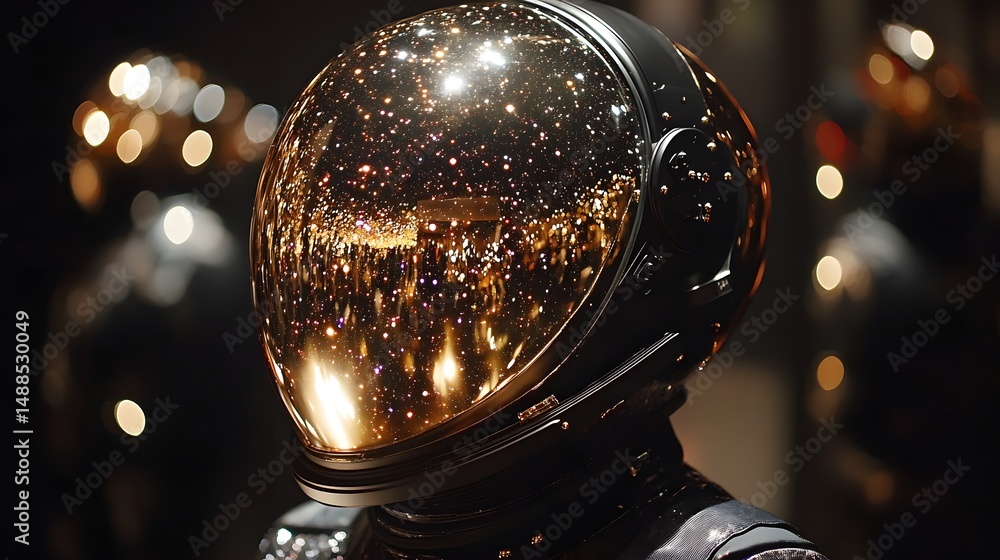 Poster astronaut helmet reflecting a starlit sky. golden visor sparkles, contrasting with the dark helmet. 