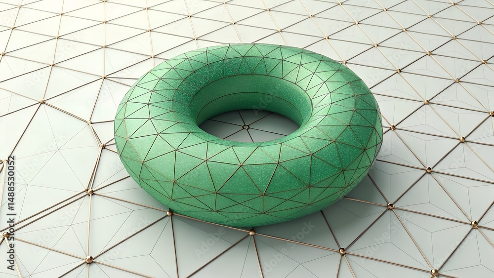 Poster abstract geometric simple primitive shape. green torus in a realistic texture on a geometric backgro