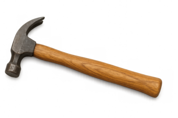 Studio shot featuring a claw hammer with a wooden handle, resting on a transparent background, highlighting its craftsmanship and utility