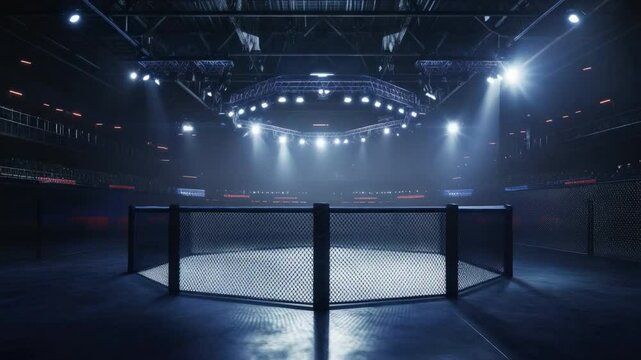 Empty MMA Arena with Cage and Spotlight in a Dark Setting, Ready for a Fight Night Event 4k video footage