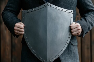 Man holding metal shield in front.