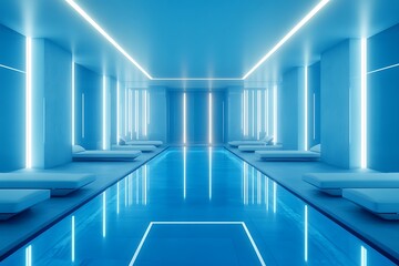 Obraz premium Modern Pool With Lounge Chairs, Blue Lighting, Minimalist Design, and Clean Architecture
