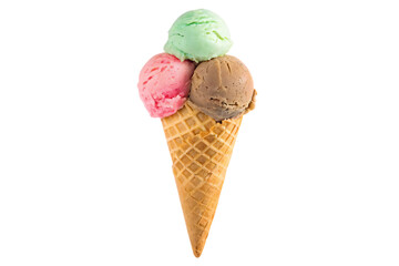 Ice cream cone with three scoops isolated on transparent background.PNG