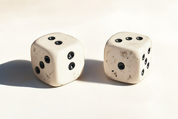 Two vintage dice with black dots on a light background, casting soft shadows, ideal for games