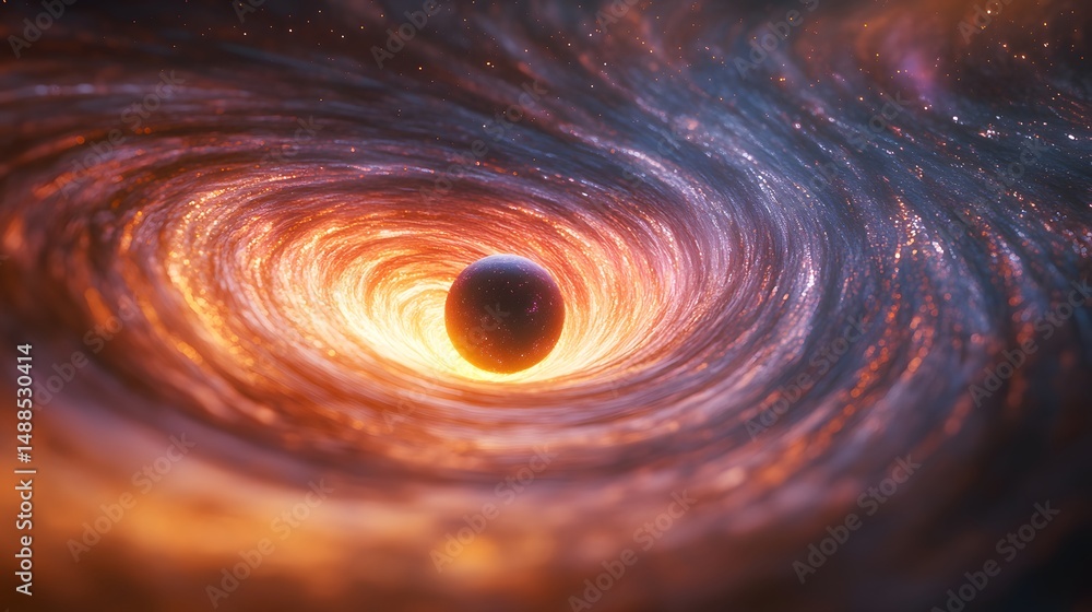 Fototapete A mesmerizing cosmic vortex of light and color swirls around a dark central sphere, hinting at unseen forces in deep space. Stars scatter, adding depth. Astronomy and Galaxy backgrounds.