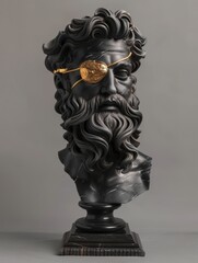 Black Marble Bust with Gold Eye Patch - A striking black marble bust of a bearded man, adorned with a gold eye patch, displayed on a dark marble base. A sophisticated and dramatic piece