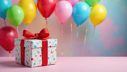 Beautifully wrapped birthday gift, colorful balloons, party, balloons