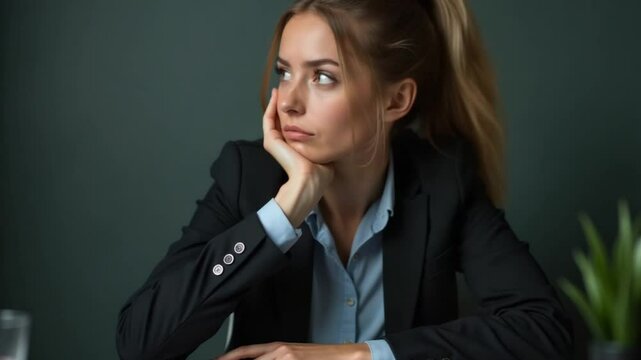 Sneaky cunning young businesswoman scheming evil plan, thinking over devious villain idea at office