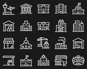 Simple Set of Buildings Related Vector Line Icons. Contains such Icons as Church, Sport Stadium, Medical Hospital and more white