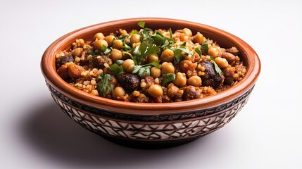 A bowl of chickpea and vegetable stew with a tomato base, garnished with chopped parsley, sits on a white background