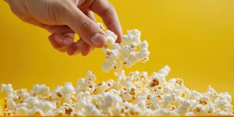 Hand reaching for popcorn against a bright yellow background in a casual snack setting