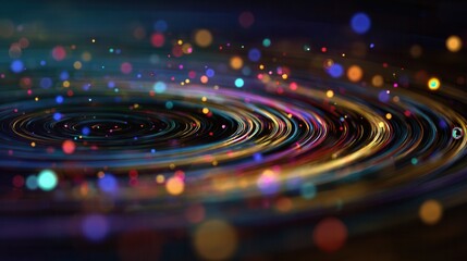 Colorful spiral waves create a vibrant digital landscape with bokeh lights, symbolizing social media and data flow in a futuristic realm