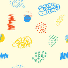 Vector illustration. Cute seamless background. Memphis pattern. Fashion 80s, 90s. Retro funky graphic. Hand drawn print element. Repeat square banner. Minimalist color backdrop. Fabric decoration