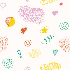 Vector illustration. Cute seamless background with scribbles. Fashion 80s, 90s. Retro funky graphic. Hand drawn print element. Repeat square banner. Minimalist color backdrop. Fabric decoration