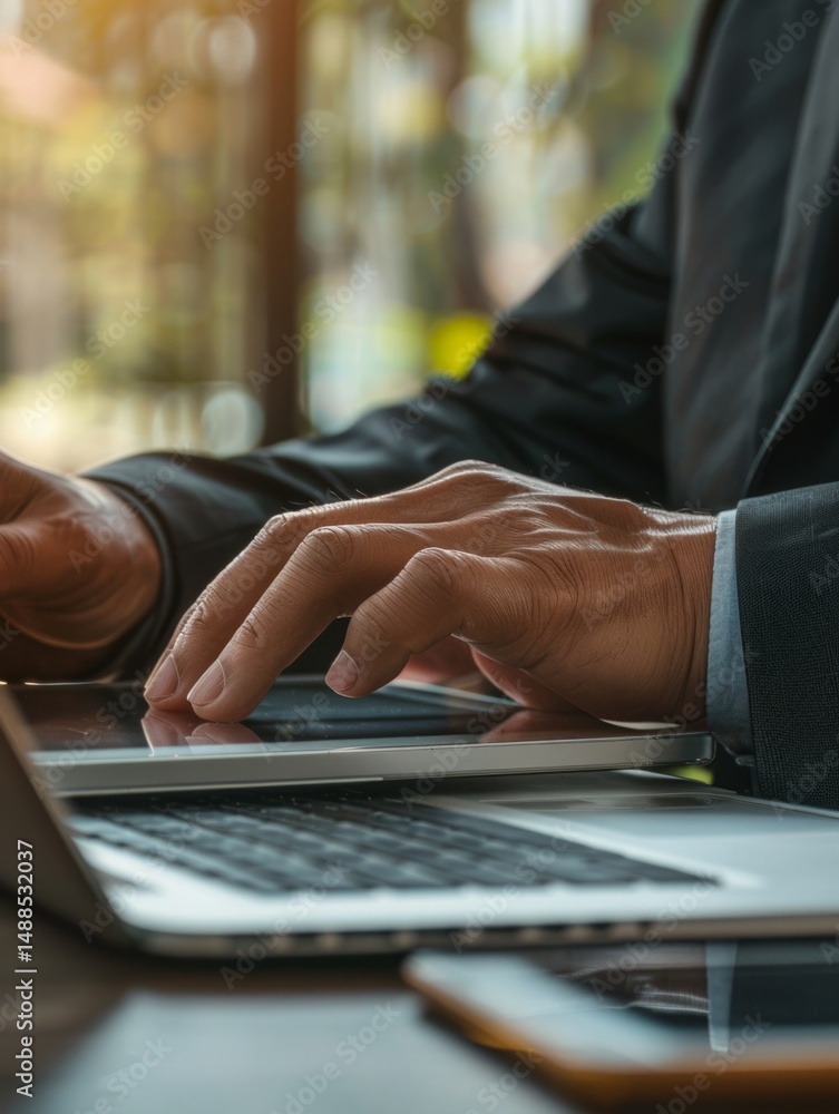 Poster businessman using laptop computer - close-up of a businessman's hands using a laptop computer. he's 
