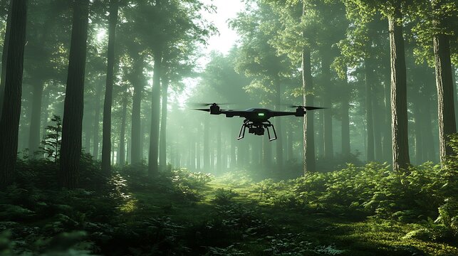 Drone flight in forest woods