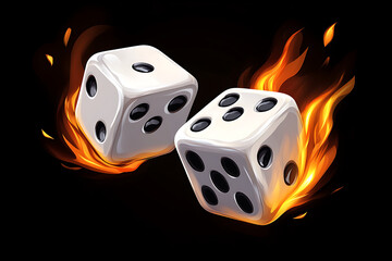 Two dice rolling in flames against a dark background, symbolizing chance and excitement