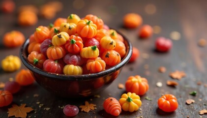Variety of Halloween-themed candies in a decorative bowl, spooky, candies