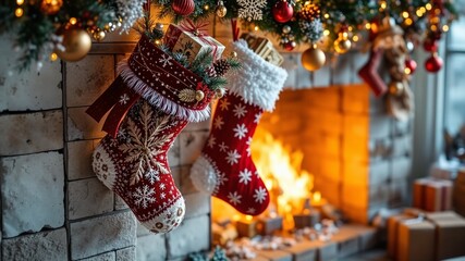 Christmas Stocking Hanging by Fireplace with Gifts