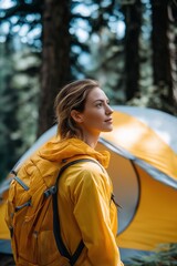 Asian young female hiker with yellow jacket and backpack near tent in forest