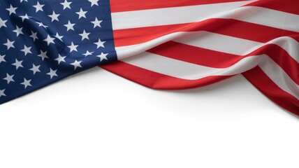 an American flag draped across the top portion of the frame against a pure white background, american flag, fourth of july