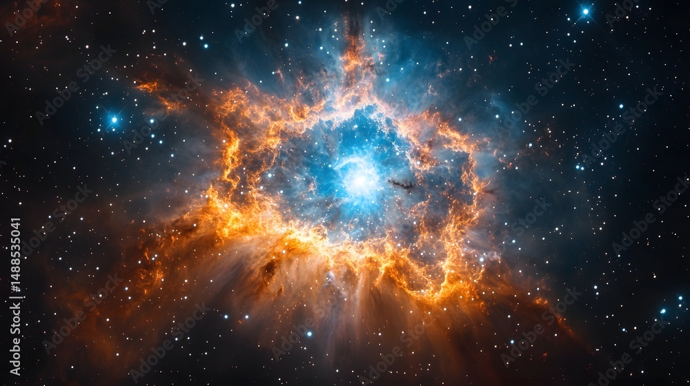 Poster a captivating nebula showcases a luminous blue core encircled by vibrant orange and red gases. dista