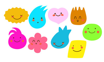 Funny colorful cartoon faces with different shapes and expressions. Perfect for kids designs, stickers, social media, games, and decor.