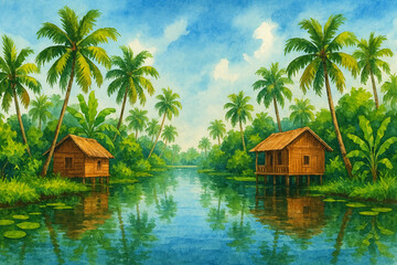 Painting of a tropical island with two small wooden houses on stilts
