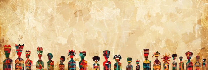 Diverse Community Unity - Colorful stylized figures representing a diverse group of people stand together against a beige background. Illustrates unity and cultural diversity