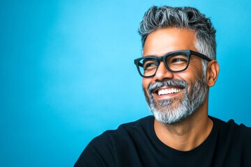 Blue solid background. Classy men's textured crop haircut - midlife indian man with middle hair. Conceptual art of style for aging men. A studio glamour portrait of a confident man.