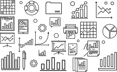 Data analysis set of web icons in line style,Graphs, traffic analysis, data processing, research network collection, statistics, analytics, performance.